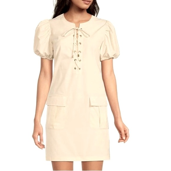 L T D Lace Up Front Slight Puff Short Sleeves Mini Dress. Cream (Stone)  Sz 8 - Picture 10 of 11